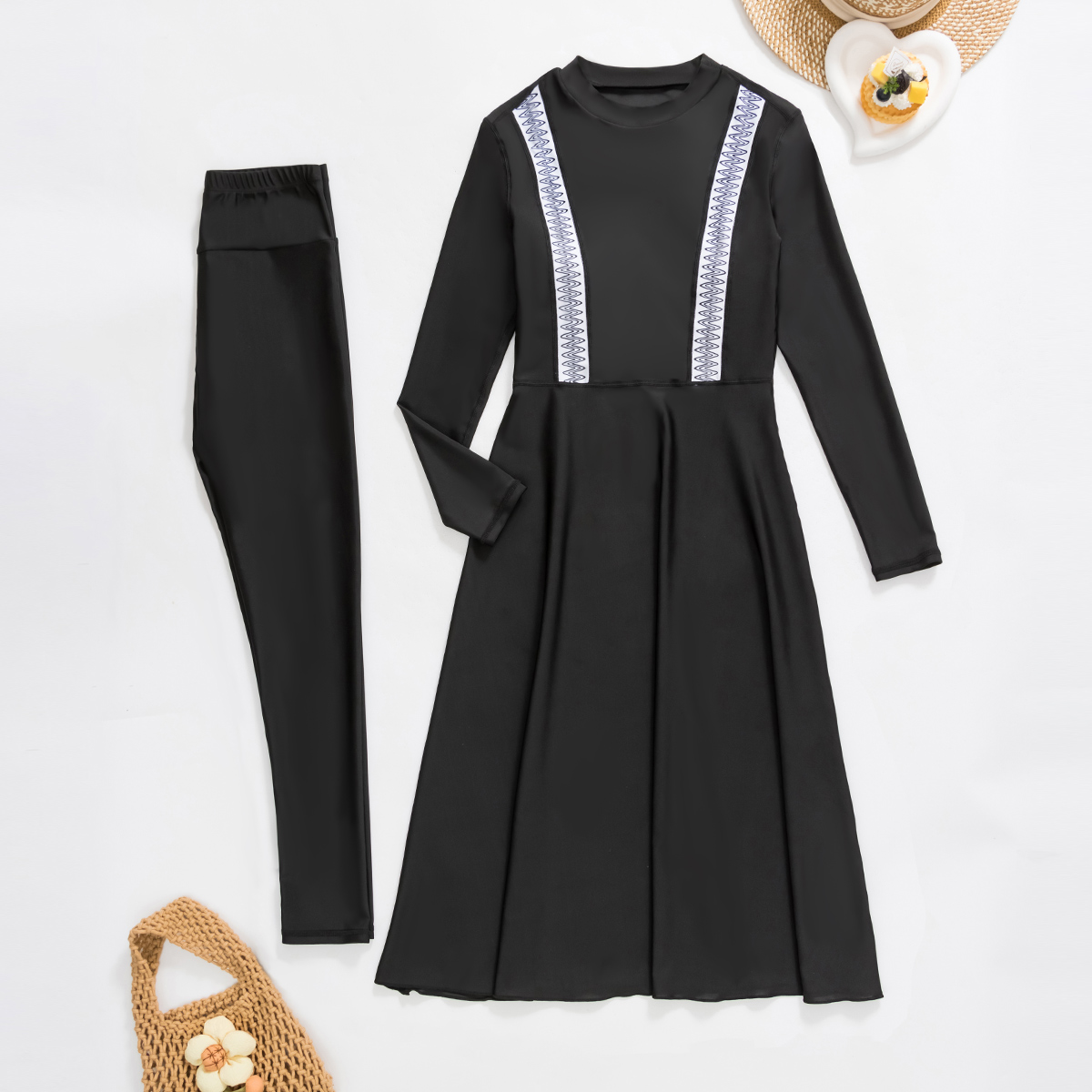 2pcs Muslim Burkini Modest swimsuit with Black Long Sleeved Dress All Covered Retro Women Swimwear Beach swimsuit SPF50+