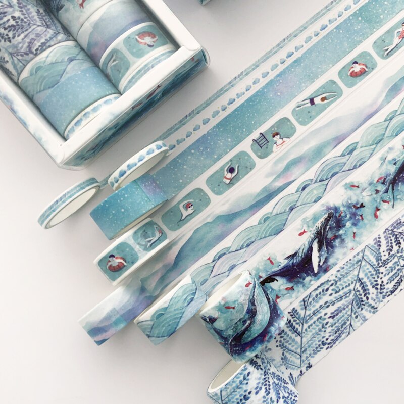 Washi Tape de papel verde, 8 Uds., Cactus azul, fruta, rosa, flamenco, cintas adhesivas, F348: Blue set