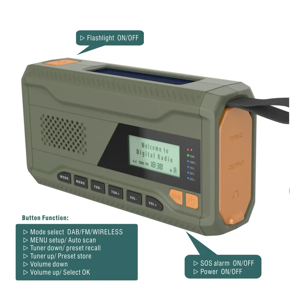 Radio awaryjne DAB/FM Bluetooth Przenośny odbiornik radiowy na energię słoneczną Korba ręczna Dynamo Radio zewnętrzne Głośnik kempingowy z latarką: green