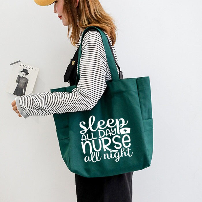 Slaap Alle Dag Verpleegkundige Alle Night Nurse Schoudertas Grote Capaciteit Dames Tote Bag Canvas Tas Vrouwen Boodschappentas