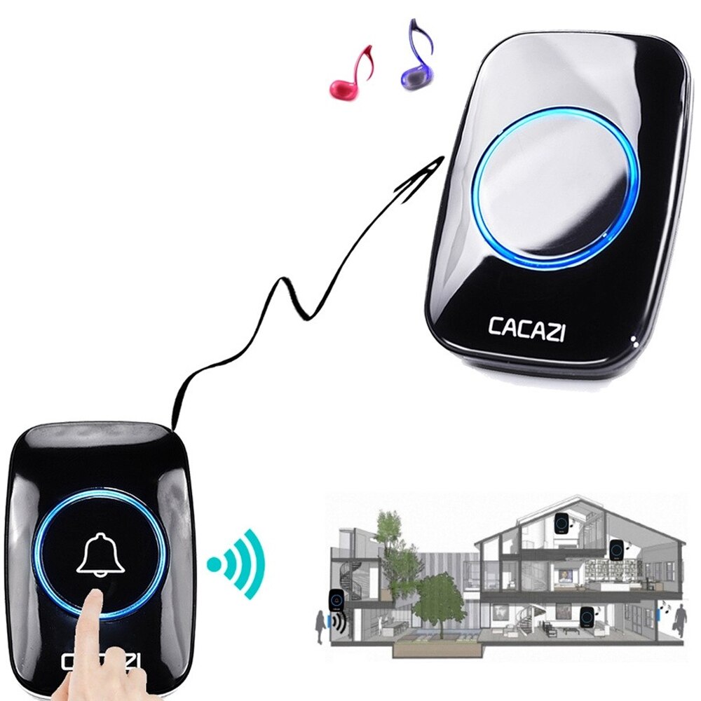 Waterproof Wireless Doorbell 100-240V 60 Rings 5 Volume Chime 300M Remote Led Light Home Eu Plug Black Door Bell