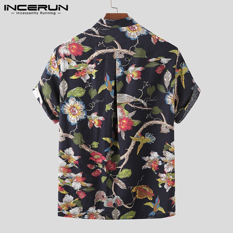 Menn sommer trykte skjorter kortermet camisa uformelt floral stativ krage blusas mann hawaiisk skjorter streetwear incerun 7