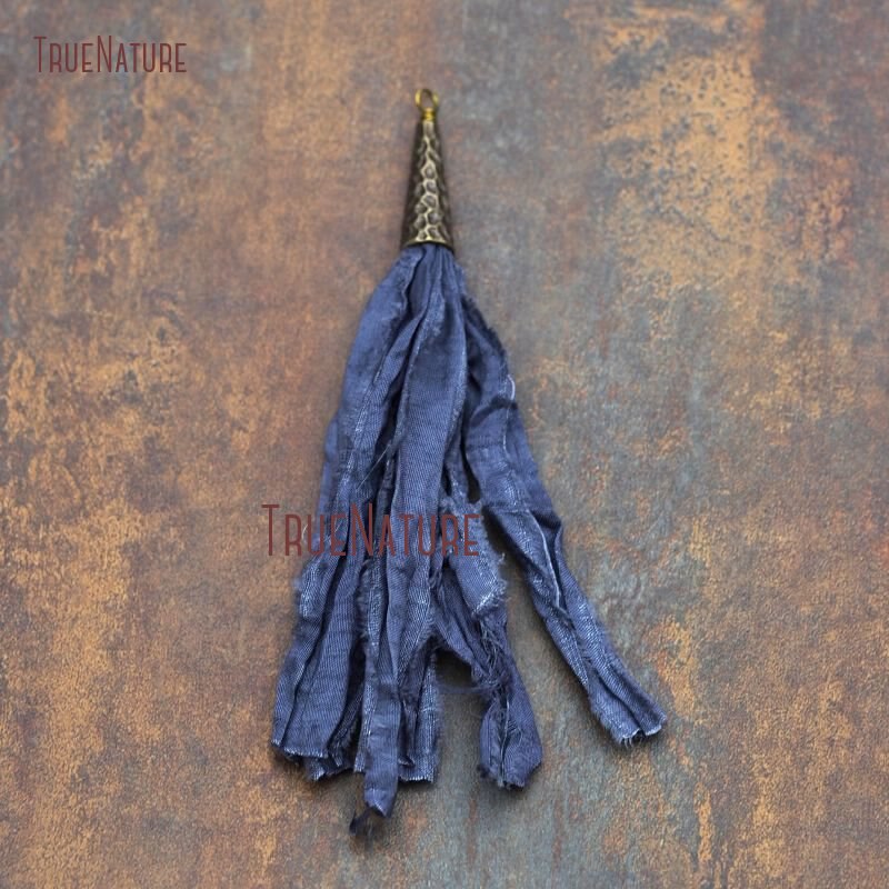 Large Sari Silk Tassel For Necklace Bracelet Making Bohemian Handmade Colorful Tassel Charm Bronze Cap In 5.4 inch PM7903: dark blue