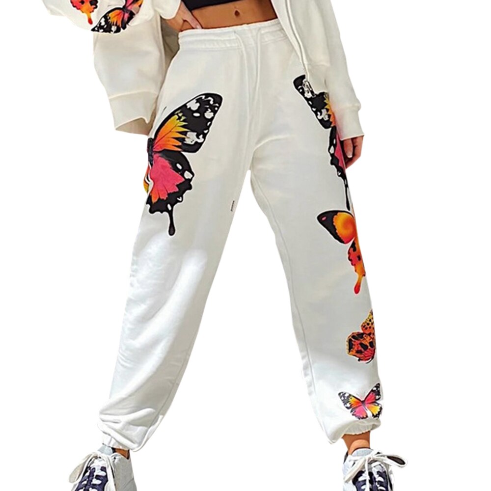 Ensembles de survêtement femmes Sweat à glissière pantalons de survêtement Joggers ensembles de vêtements de sport Streetwear Baggy pantalon de survêtement ample: pants white / L