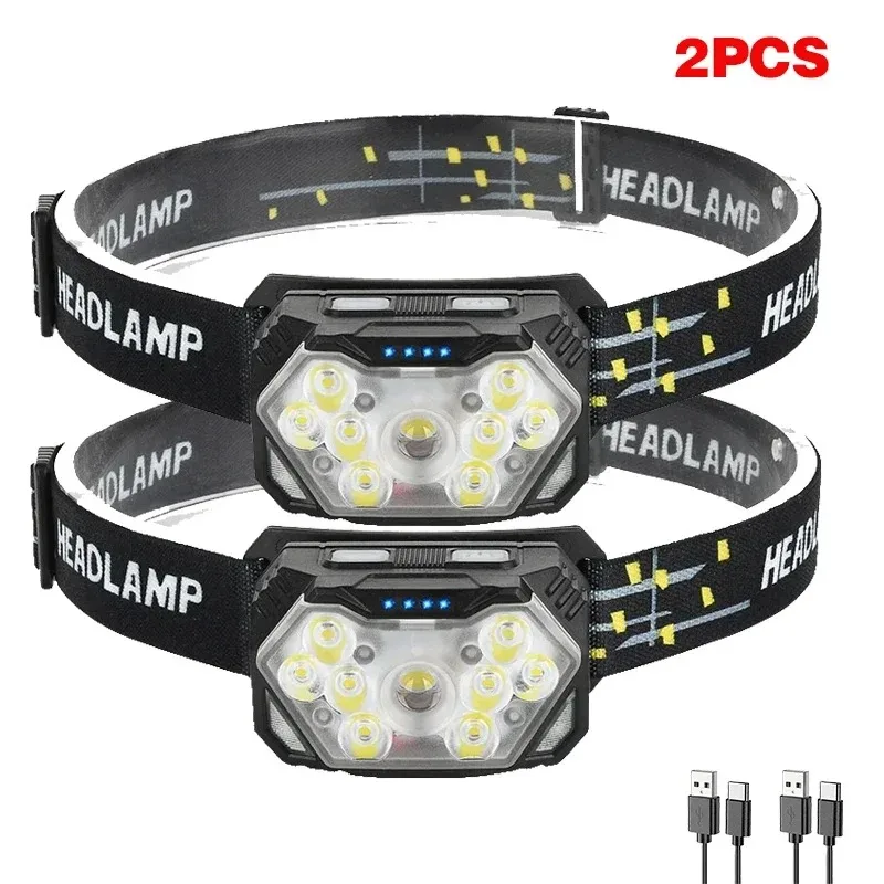 9 led stærk lyspandelampe usb genopladelig bevægelsessensor pandelampe bærbar fiskeri camping udendørs pandelampe arbejdslommelygte: Foranderlig