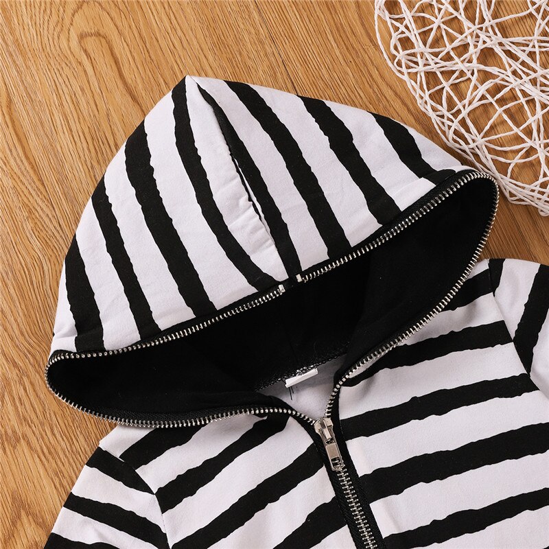 Infant Short Sleeve Romper Summer Baby Black White Stripe Patterns Zipper Open Front Hooded Jumpsuit for Boys and Girls