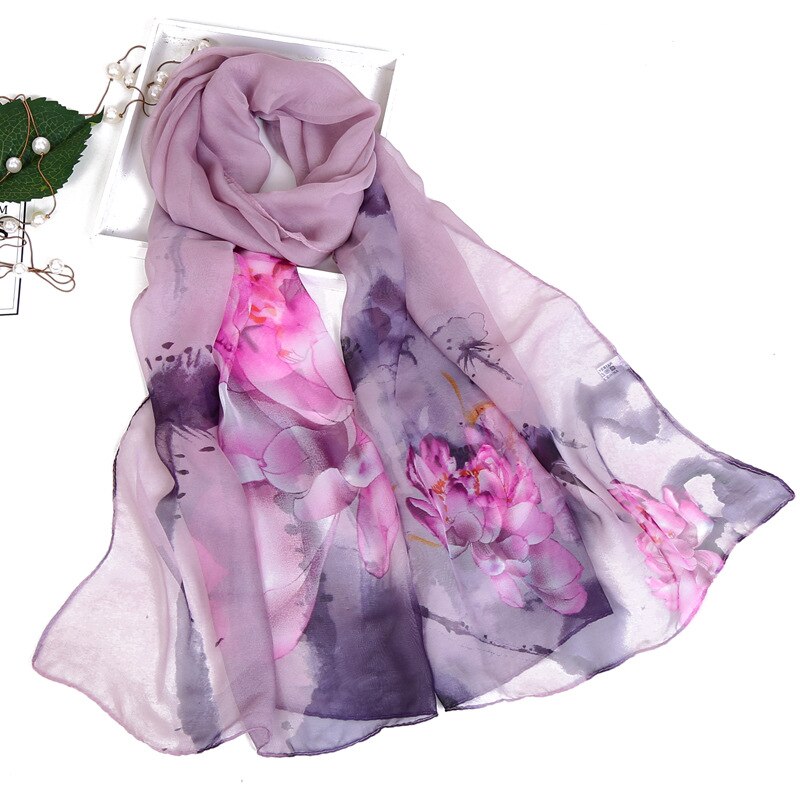 Dames foulard chiffon georgette bandana sjaal inkt lotusbloem print lange sjaal zomer wikkel dame dun ademend: Paars