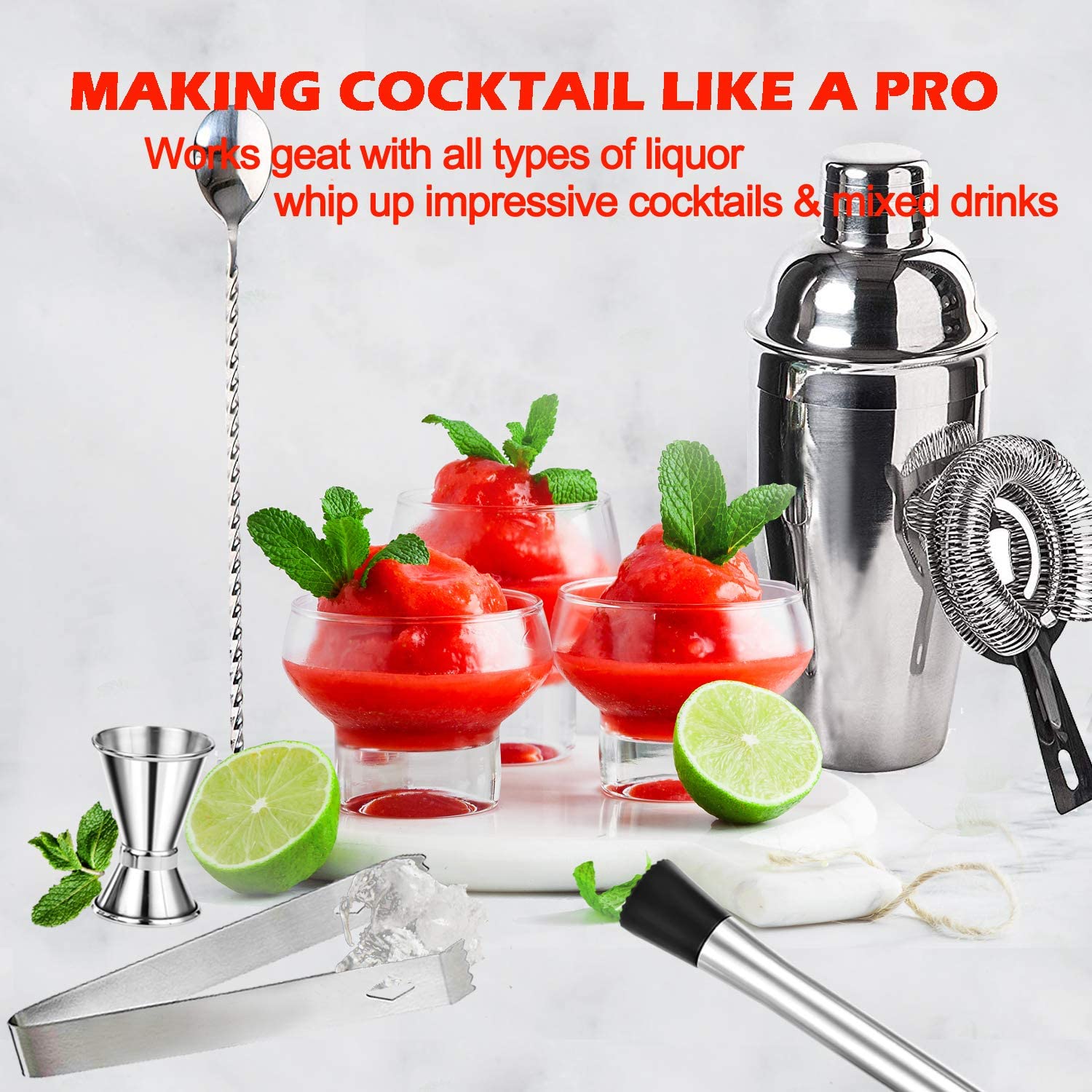 Cocktail Shaker Bar Set - Brushed Stainless Steel 14 Piece Bar Tool Kit for the Home Bar