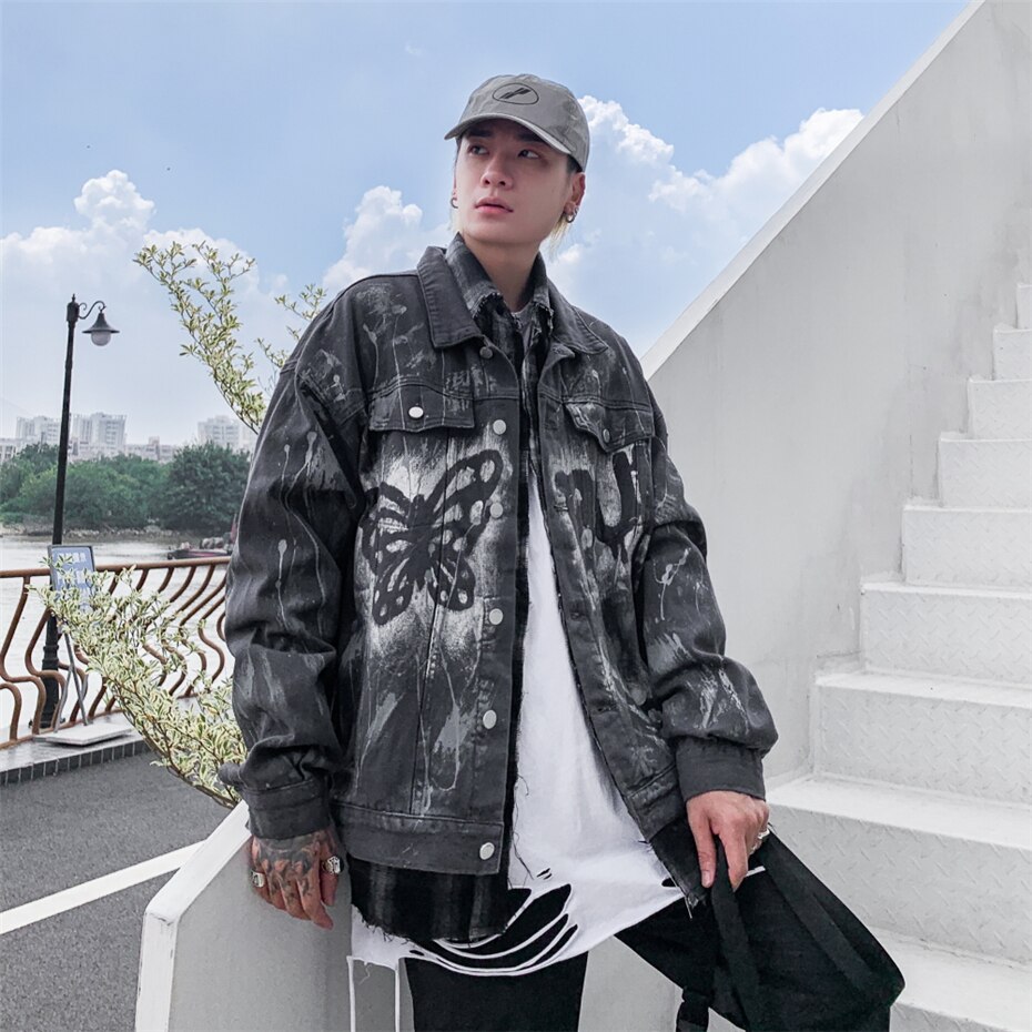 Graffiti Print Vlinder Denim Jassen Streetwear Hip Hop Casual Punk Rock Jeans Jas Jassen Uitloper Hipster Tops WQ175