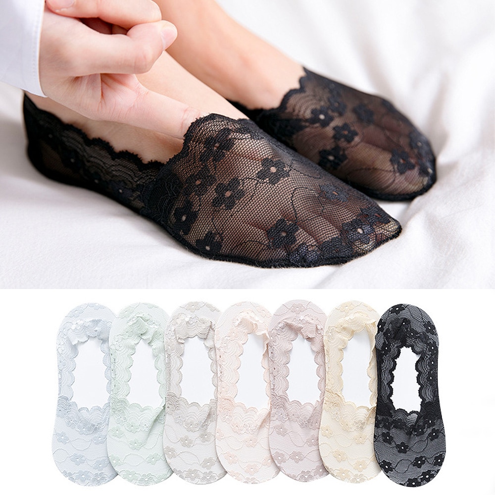 Mesh blonder blomsterstrømper kvinder gennemsigtige høje hæle usynlige anti-slip hjemmesko sokker