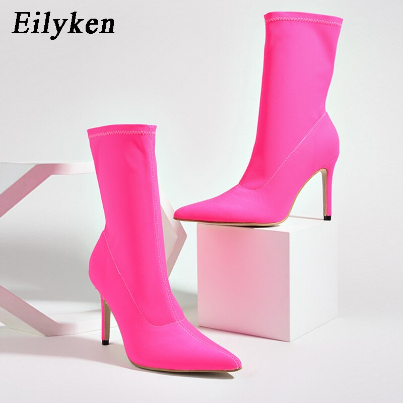 Eilyken hiver Stretch tissu bout pointu femmes bottines chaussures talons hauts femme bottes parti chaussures femmes: Mei red / 37