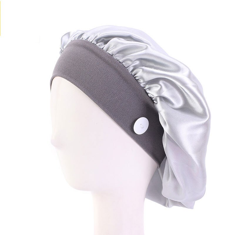 Satin Silk Nightcap Sleep Button Elastic More style Cap Nurse Hat Women Solid Long Hair Cap Hat Head Cover Bonnet Hat: Silver