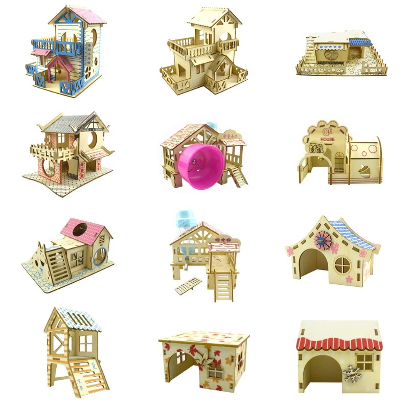 Hamster Hideout Wooden Hut Small Animals Double Layer Villa Rat Room House Cage