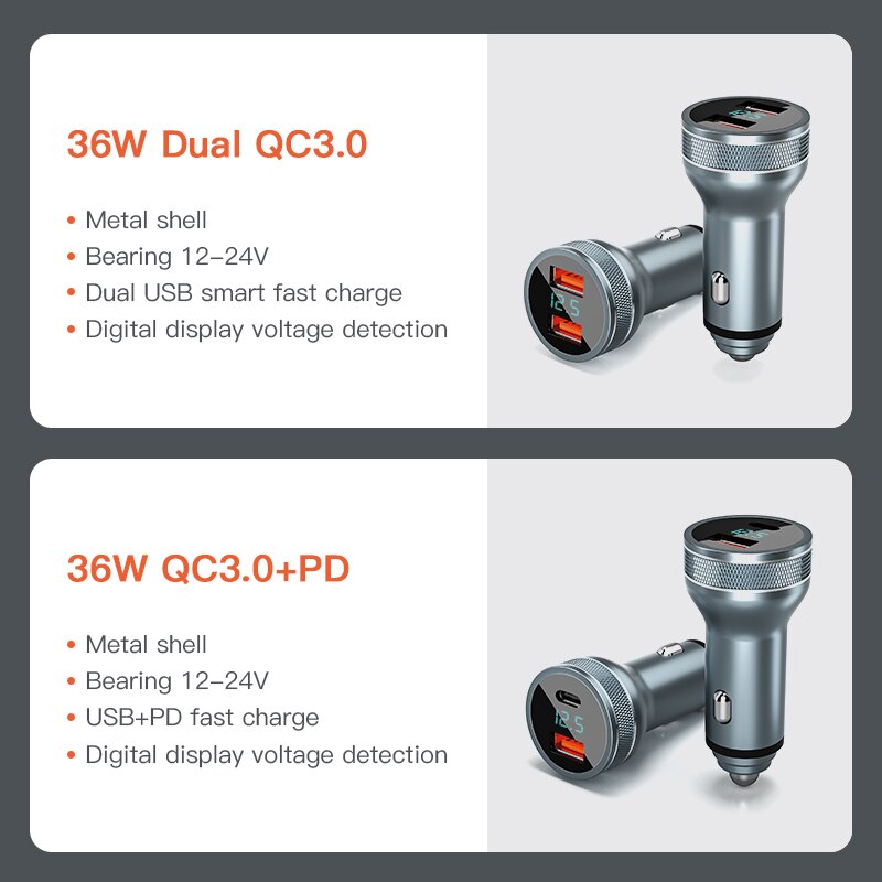 Dual Usb Car Charger Quick Charge 36W Snel Opladen Voor Xiaomi Samsung Interface Usb + Type C Qc Pd 3.0 Auto Aansteker Slot Recharge