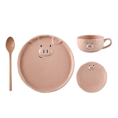 Cute Cartoon Plate Set Ceramic Tableware Household Personality Girl Breakfast Plate Bowl for One Person Eat: 4-piece set