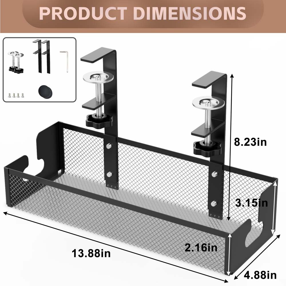 Under Desk Office Table Organizer Rack No Drill Steel Tray Clamp Mount Under Table Cord Wire Management Tray Cable Management: black