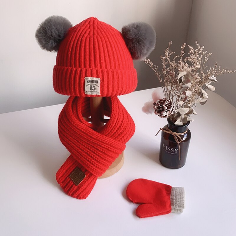 Baby hat tørklæde handsker tredelt sæt efterår og vinter drenge og piger dejlige strikning af uld hatte 0-3 år gammel baby sød hat: Rød