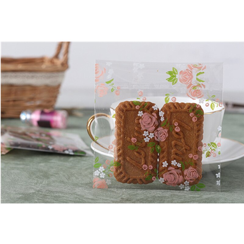 100 st härliga tecknade blomma kakor kexpåsar självhäftande fest bröllopspåse tårta godispåsar bakpaket