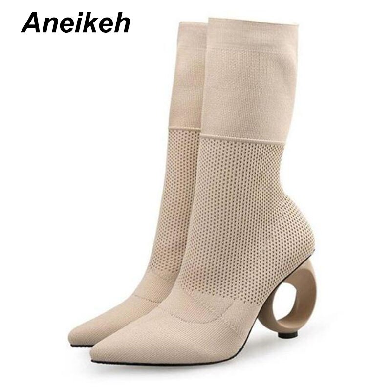 Aneikeh Trendy Stretch Sok Laarzen Enkel Lange Vreemde Fretwork Hakken Puntige Gebreide Laarzen Maat 34-40 Zwart abrikoos