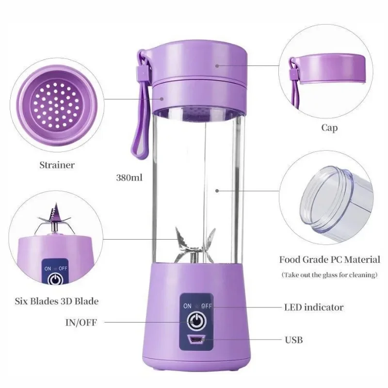 Mini licuadora portátil de 380ML para batidos y batidos, exprimidor de frutas de viaje recargable por USB, vaso de jugo para licuadora de frutas manual