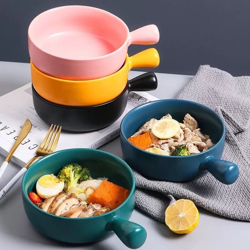Nordic Ceramic Salad Bowl Single Handle Breakfast Cereal Fruit Bowl Solid Color Dessert Soup Noodle Bowl Microwave Oven Special