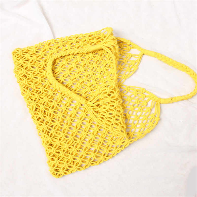 35X35Cm Mode Populaire Geweven Zak Mesh Touw Weven Tie Gesp Reticulate Hollow Strozak Geen Gevoerd Netto schoudertas: yellow