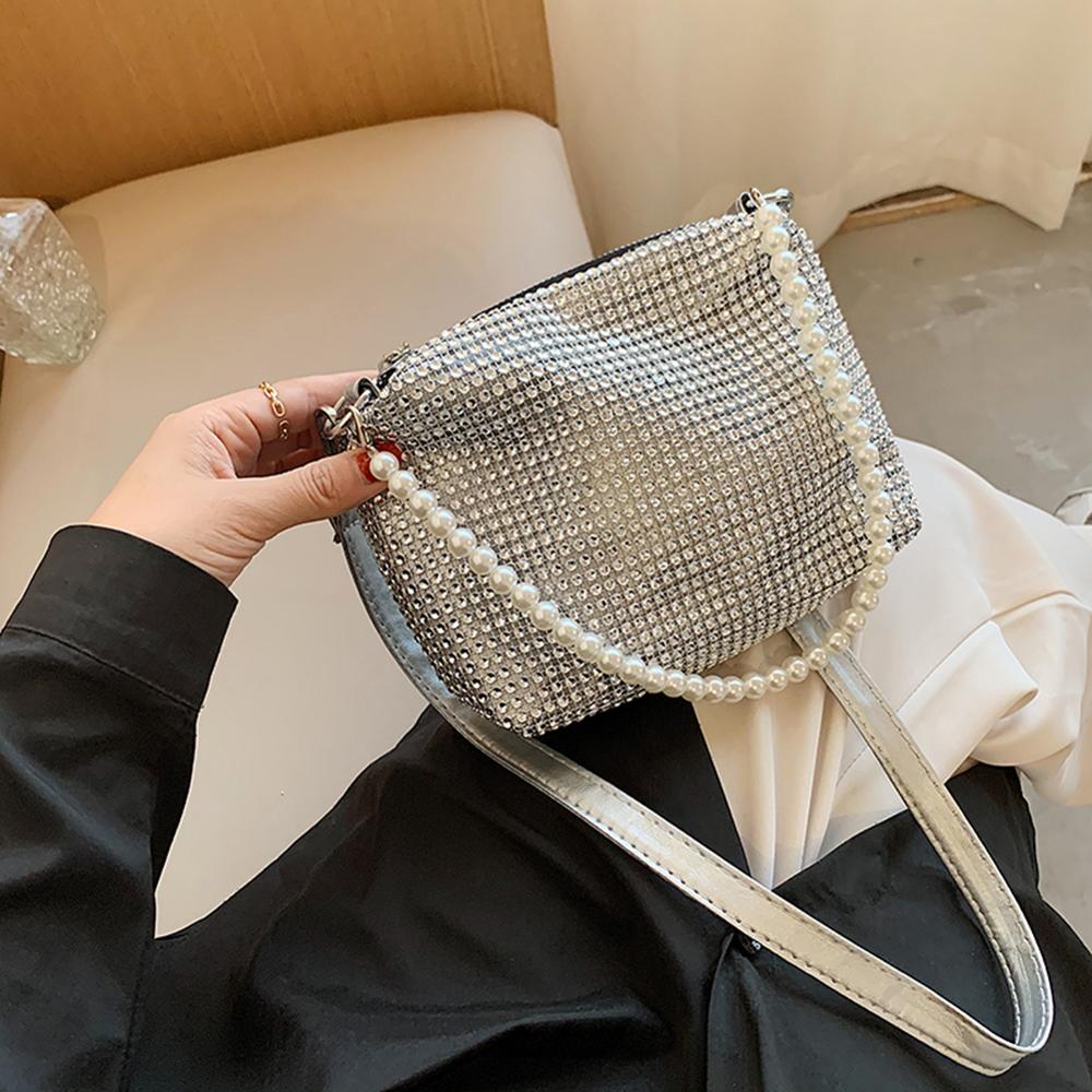 Shiny Rhinestone Crossbody Bag For Women Pearl Handle Tote Bags Female