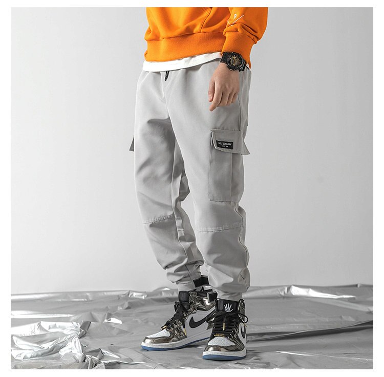 Män svarta joggingbyxor höst vinter herr stora fickor harem cargo byxor herr streetwear overall träningsbyxor byxor: S / Grå