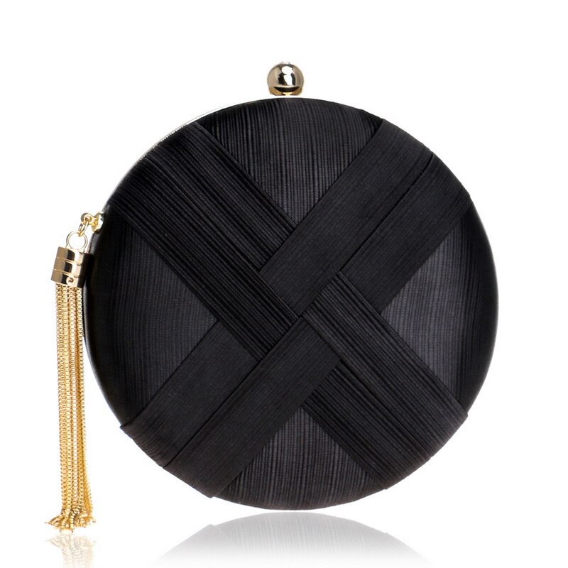 Round Solid Evening Bad Wedding Clutches Satin Hard-Surface Tassels Clutch Bag Dull Polish Banquet Small Purse: black