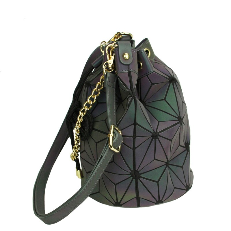 Lichtgevende Vrouwen Trekkoord Emmer Zakken Dames Geometrie Plaid Schoudertassen Folding Kettingen Handtas Diamond Casual Tote Emmer Zak