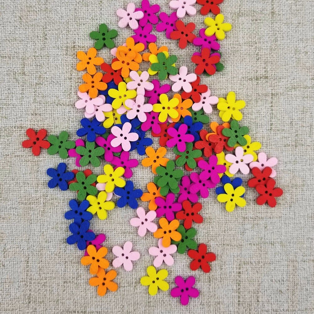 Veelkleurige 100 stuks 14 x 15mm 2 gaten gemengde bloemen houten decoratieve knopen geschikt voor naaien scrapbooking knutselen