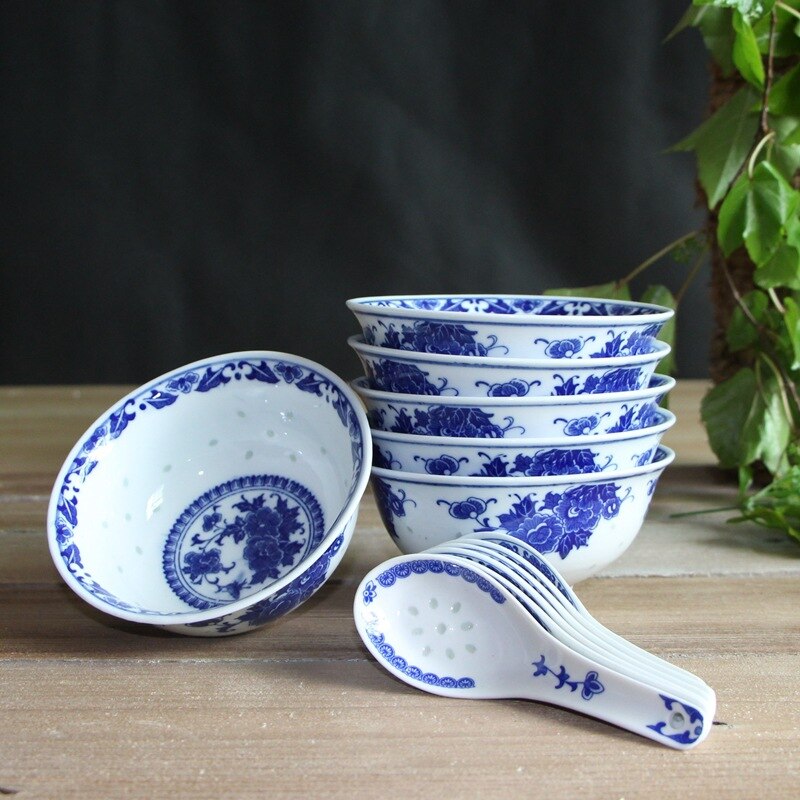 Jingdezhen Blau und Weiß Porzellan Geschirr Keramik exquisit Schüssel Porzellan Schüssel 5 Zoll Reis Schüssel einstellen Haushalt Schüssel und Erzähler: 5 Zoll Linglong klein Peony 5 Schüssel  5 Löffel