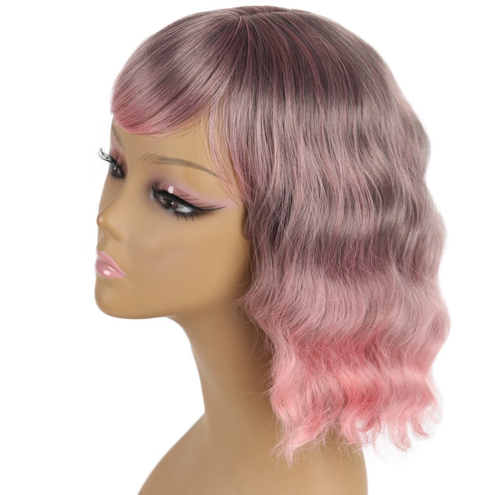 12"Short Water Wave Wigs Synthetic Wigs with Bangs Bob Wigs Heat Resistant False Hair for Girl Daliy Dressing MODREN QUEEN