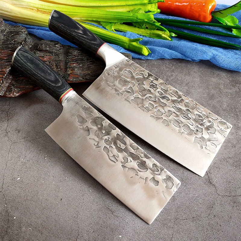 YUHS Traditional Handmade Forged Kitchen Knife Hammer Stainless Steel Chef's Chopper Cooking Knives Wooden Meat Slicer