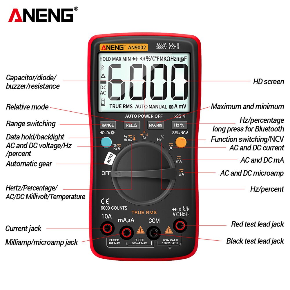 Aneng AN9002 Bluetooth Digitale Multimeter 6000 Telt Professionele Multimetrotrue Rms Ac/Dc Stroom Spanning Tester Auto-Range