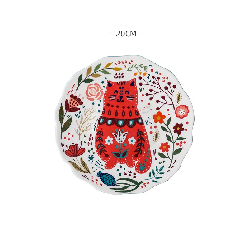 Creativity Cartoon Cat Painted Diner Plate Home Ceramic Plate Breakfast Dessert Dish Kitchen Decor Dinner Set Plates and Dishes: D