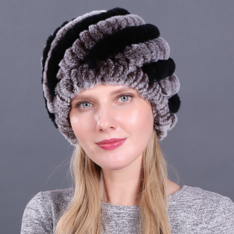 Dames RealRabbit bontmuts harige gebreide muts warme muts ski schedel cap: Lichtgrijs