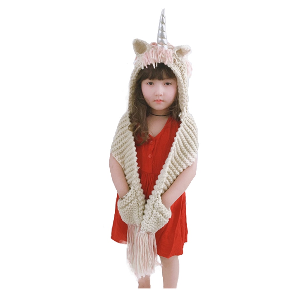 Kids Girls Rainbow Unicorn Soft Skullies Beanies Hats Shawl Scarf Set With Two Pockets Warm Knitted Bonnet Cap Christmas