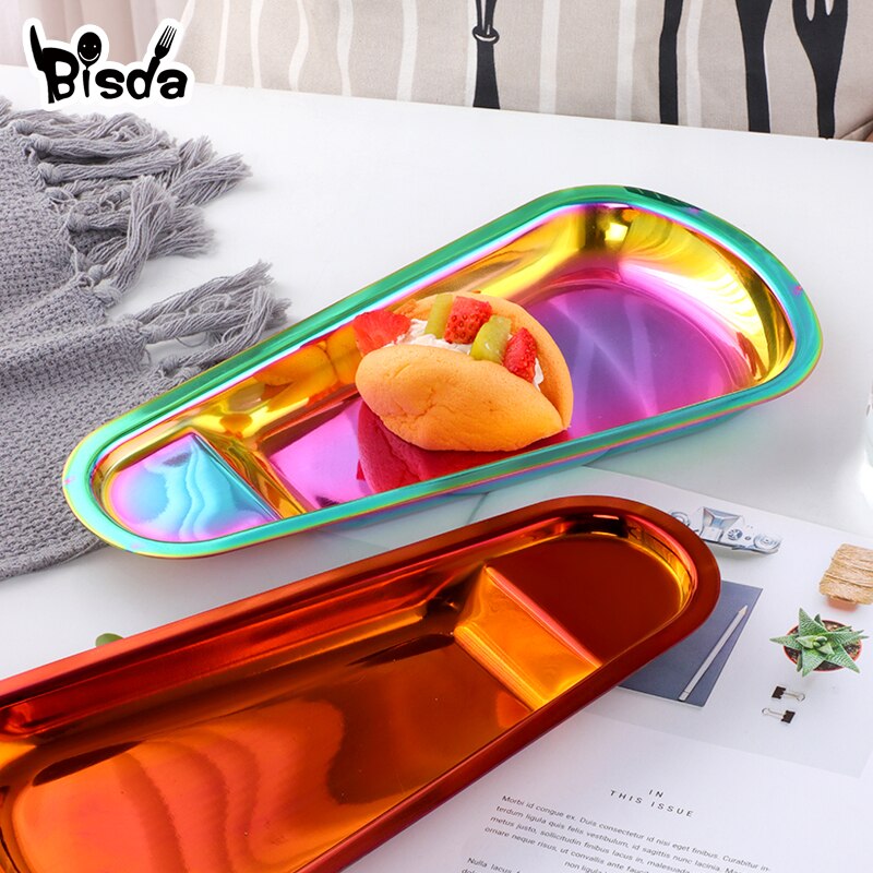 1pc Snack Platte Metall Rechteck Platten Gold Brot murmeln Geschirr Mischen Obst Süßigkeiten Nachtisch Erzähler Regenbogen Handtuch Serviette Tablett Party