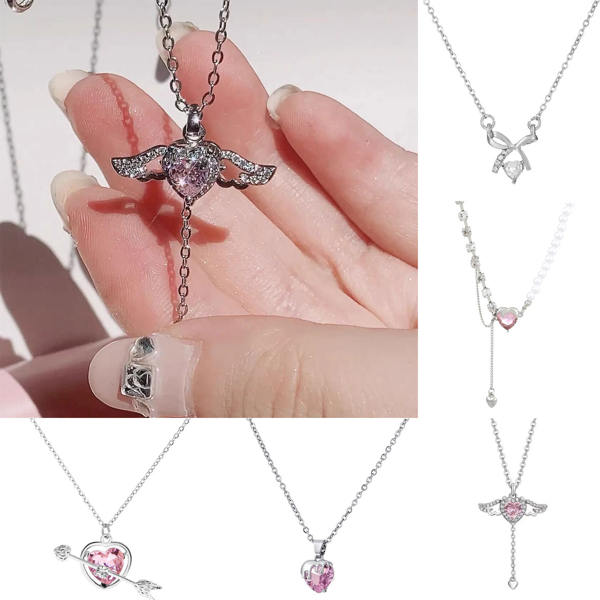 Collier avec pendentif ailes d'ange en cristal rose coréen pour femmes, bijoux minimalistes, chaîne de cou pour filles, flèche de cupidon, 2023