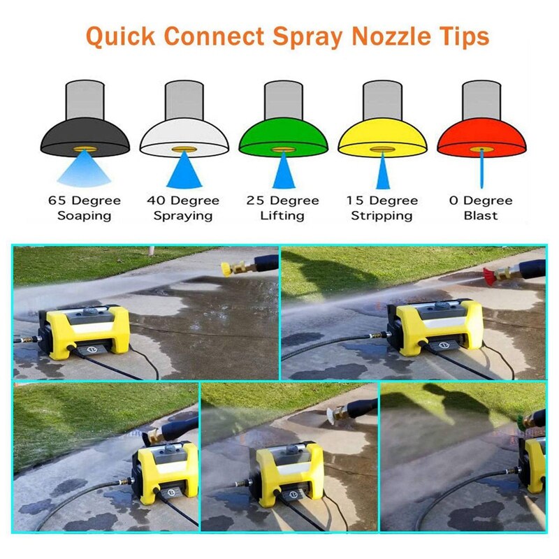 -7 pakke højtryksrenser spraydysespidser forskellige grader 1/4 tommer konnektor sæt, understøtter op  to 5,000 psi.