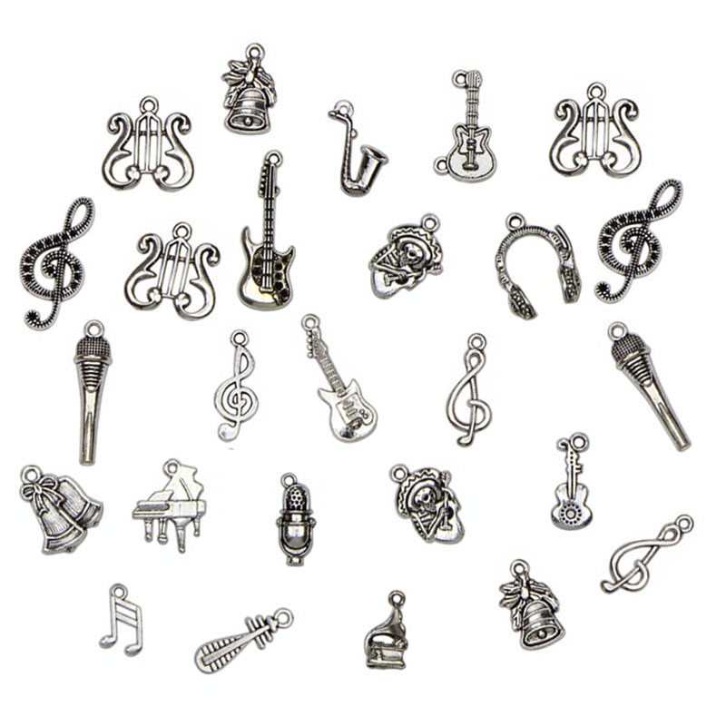 50pcs/lot Mix Musical Charms Vintage Instruments Pendant Microphone Guitar Violin DIY Jewelry Making