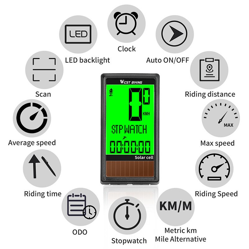 West Fietsen Fiets Computer Draadloze Zonne-energie Fietsen Kilometerstand Snelheidsmeter Multifunctionele Fiets Stopwatch Met 5 Talen