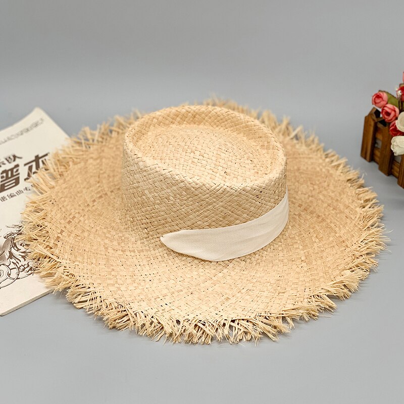 style ladies oversized hat big brim hat 20cm raffia sun hat wide brim beach hat lady soft straw cap: 1