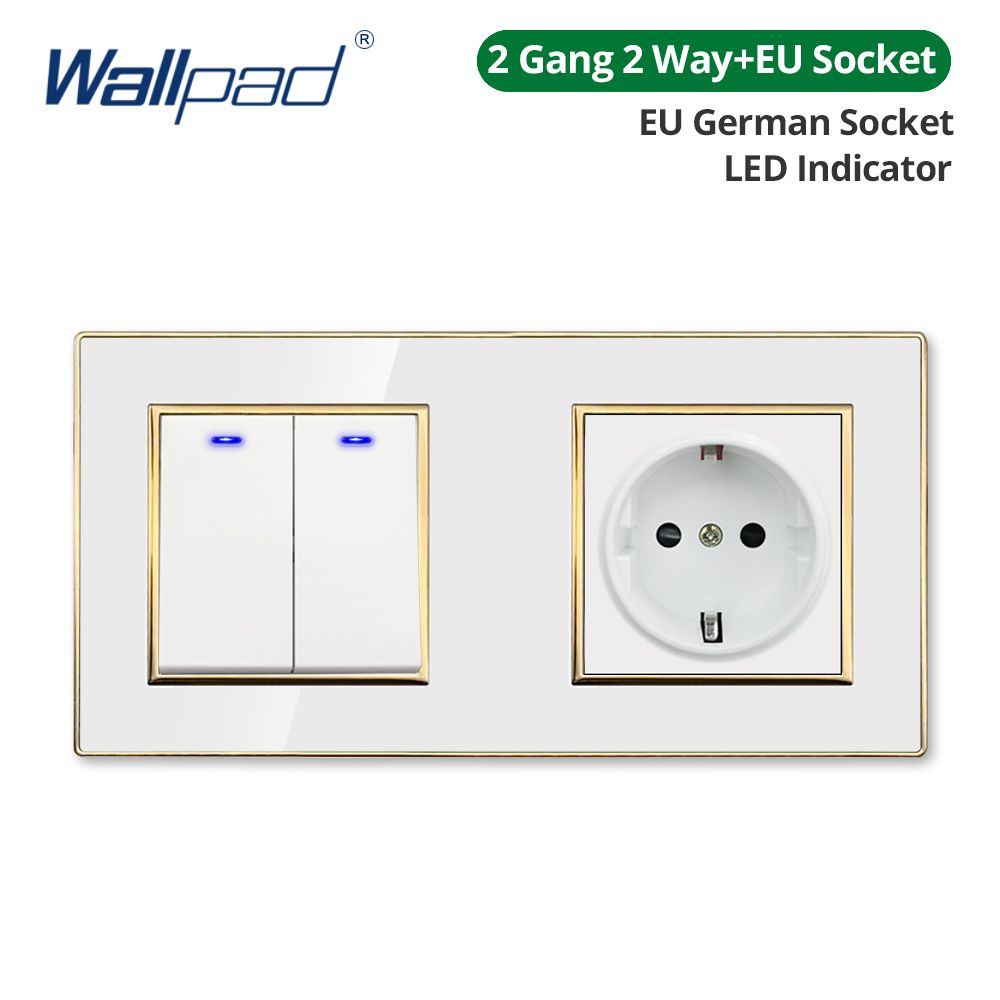 Wallpad White Acrylic Panel Gold Border Wall Light Switch LED Dimmer USB Charge EU Socket Outlet 4 5 6 7 8 Gang 2 Way Reset