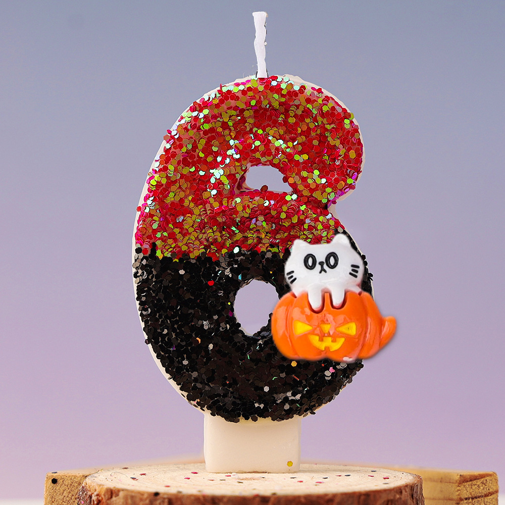 Velas de cumpleaños para niños, 1 piezas, bonito gato, calabaza, número 0-9, Festival de Halloween, vela de lentejuelas, Decoración de Pastel de 1 año: WOOD