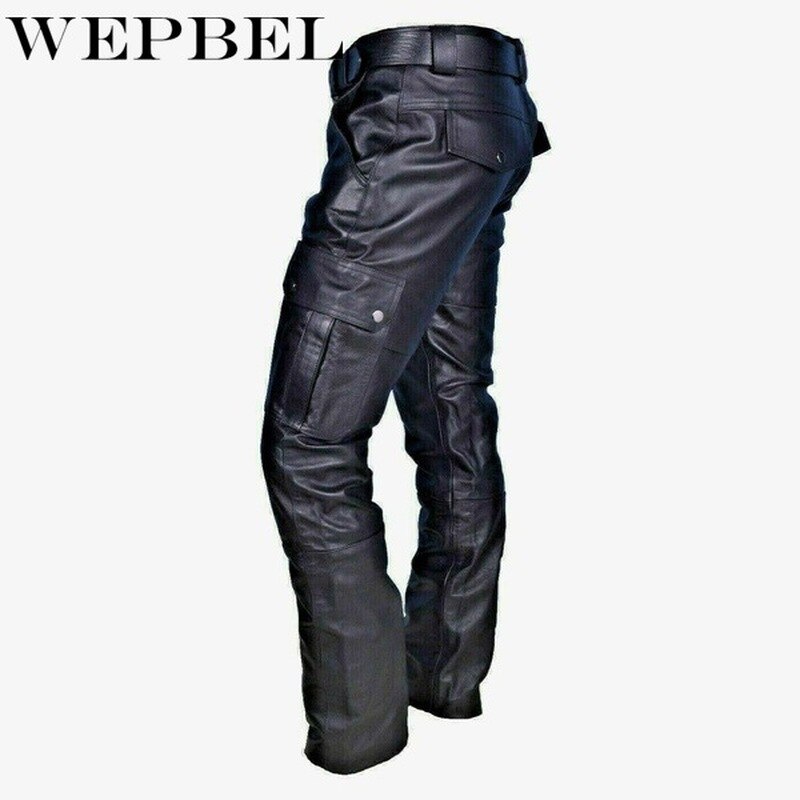 Wepbel Mannen Straight Pu Lederen Broek Biker Moto Lange Lederen Losse Street Style Steampunk Broek Rock Roll Lange Broek