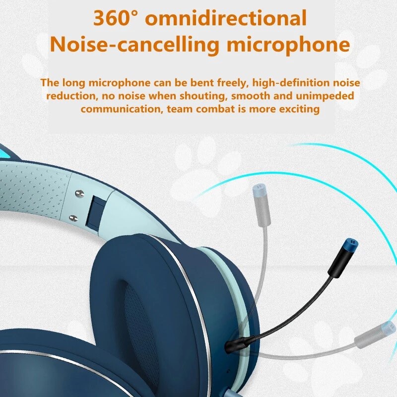 Cute Cat Ear Wired Headphone Noise Reduction Virtual Dual Mic Headphones LED Light Gaming Headset For Laptop Computer Gamer