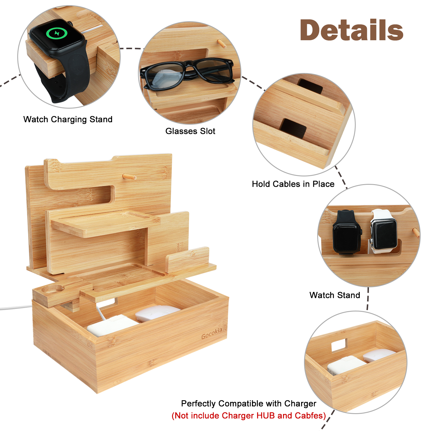 Bamboo Multiple Device Docking Station Phone Key Holder Laptop Tablet Watch Stand Desk Organizer Box for Friend Birthday
