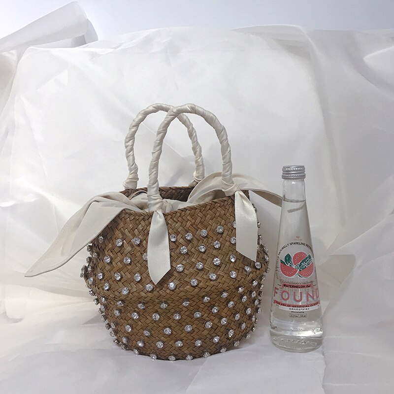 Beach Bag With Pearl Ladies Woven Bucket Straw Diamond Handbags Clutch